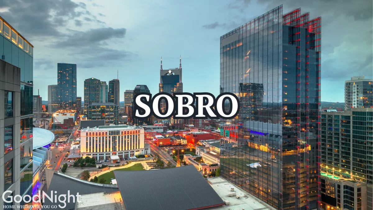 A vibrant exterior shot of Nashville’s city skyline illuminated at night, with buildings reflecting light along the river and the prominent 'SOBRO' text providing a cue to the energetic district. The atmosphere suggests an exciting nightlife and a bustling urban environment ideal for group outings.
